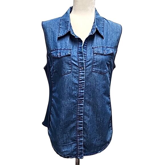 Cavalini Denim Collection Womens Button Front Mixed Material Collar Top Size L - Picture 1 of 10
